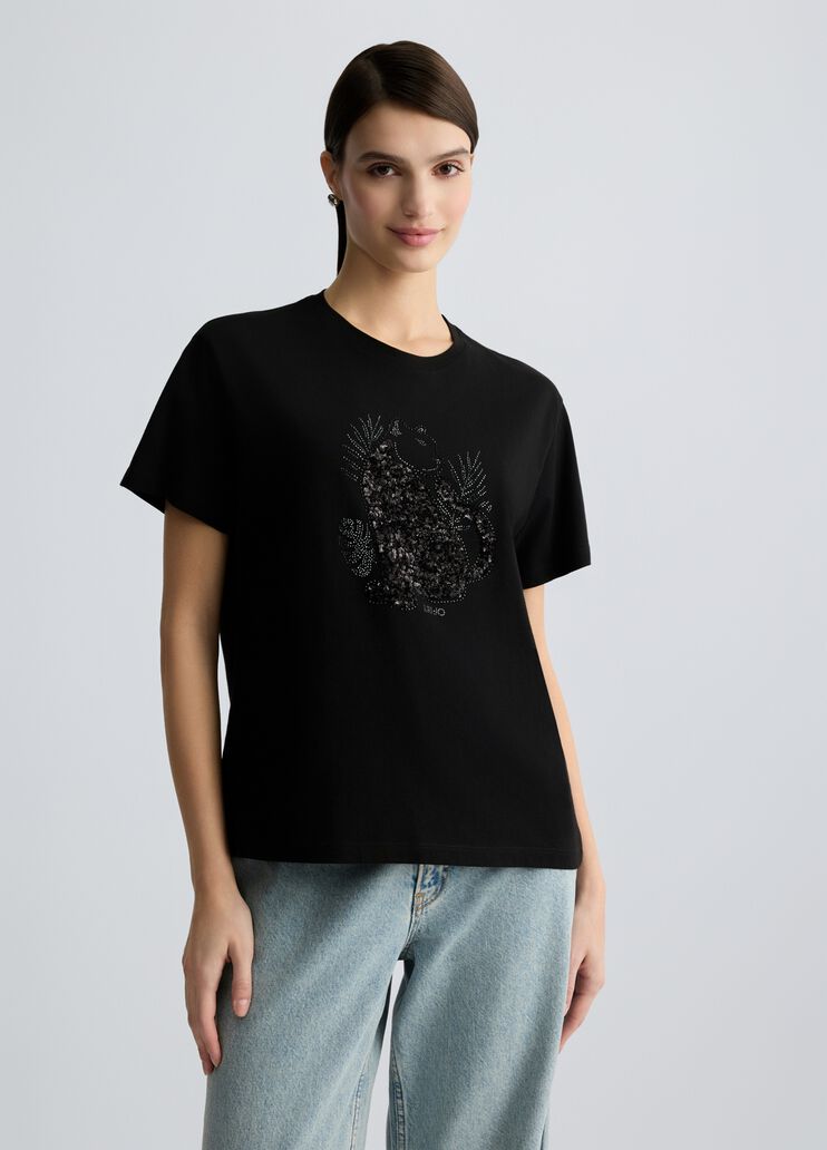 Liujo T-shirt in cotone con paillettes e strass WA5230JS904M9441