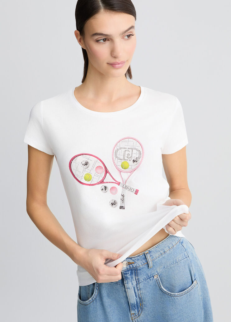 Liujo T-shirt con stampa e strass ecosostenibile WA5362JS923M9569