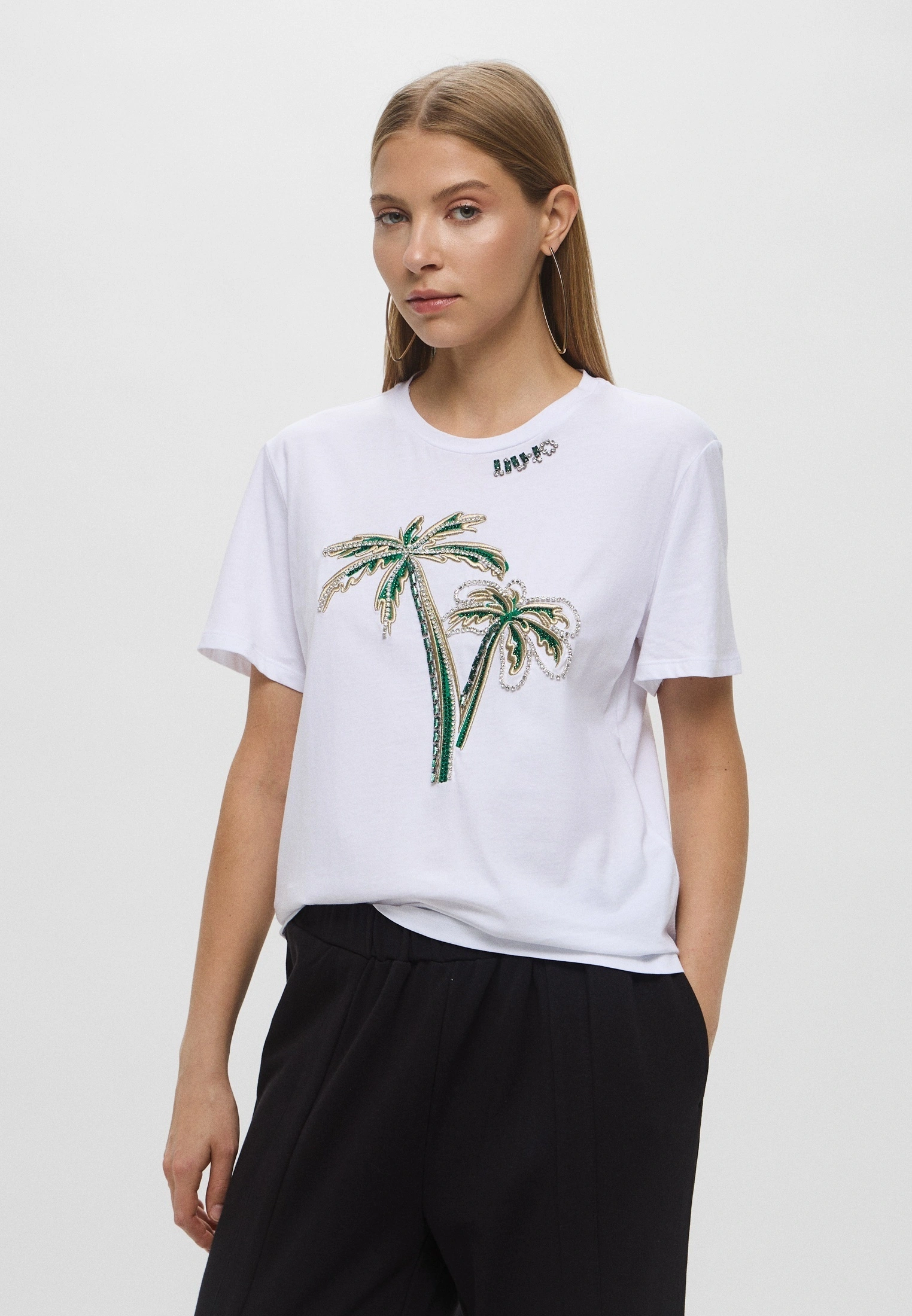 Liujo T-shirt in cotone con ricamo e strass CA5371J6308M9318